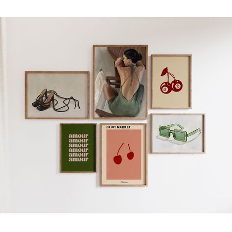 Gallery Wall Set of 6 Prints x1 Fruit Market Print x1 Amour Print x1 Sunglasses Print x1 Eight Ball Cherries Print x1 Green Dress Print x1 Heels Print 2 Set Size Options: x2 A4 x4 A3 OR  x2 A5 x4 A4 OR  x2 5x7" x4 8x10" x2 8x10" x4 11x14" Unframed Artwork by @simplyextrajordanary Please read the printing and shipping information below before making your purchase and feel free to contact me should you have any questions. - Prints are printed on thick professional and premium quality art paper. - Gallery Wall Arrangements, Small Gallery Wall Bedroom, Gallery Wall Painting Ideas, Print Sets Wall Art Living Room, Chic Photo Wall, Gallery Wall Ideas Photos, Gallery Wall 4 Frames, Colorful Picture Wall, Small Picture Wall Ideas