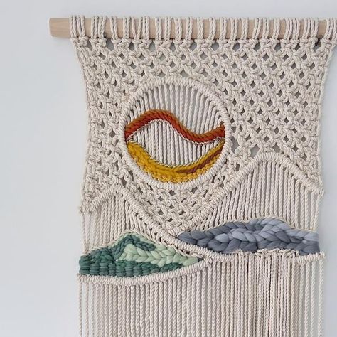 Nature Macrame, Mountain Macrame, Macrame Ocean Waves, Dip Dye Macrame Mountains, Macrame Sunset Wall Hanging, Macrame Landscape Wall Hanging, Landscape Tutorial, Mountain Pattern, Artwork Diy