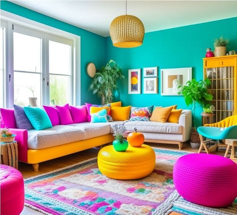 Bright Colour Room Ideas, Vibrant Studio Apartment, Colourful Boho Living Room Decor, Iridescent Living Room Decor, Colourful Living Room Ideas, Bright Living Room Ideas, Rainbow Living Room, Bright Living Room Colors, Colorful Furniture Living Room