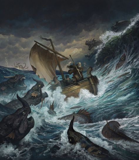 ArtStation - "Sea Serpent Battle" From The Faerie Queene Justin Gerard, Faery Queen, Sea Battle, Types Of Magic, Sea Serpent, Paintings And Drawings, Mystical Creatures, High Fantasy, Traditional Paintings