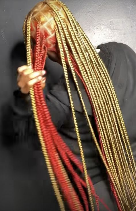 Blonde And Red Peekaboo Braids, Brown And Red Knotless Braids, Dyed Knotless Braids, Jumbo Knotless Braids With Color, Red And Blonde Knotless Braids, Jumbo Knotless Box Braids With Color, Knotless Color Braids, Box Braids Hairstyles With Color, Brown And Pink Knotless Braids