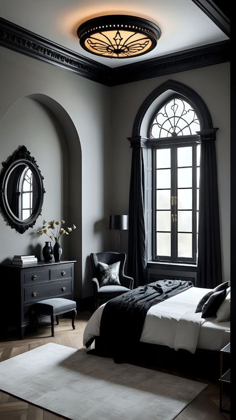 Gothic Contemporary Interior, Gray Gothic Bedroom, Modern Goth Bedroom, Neo Gothic Interior Design, Goth House Interior, Modern Gothic Bedroom, Medieval Mansion, Modern Gothic Home, Brown Cabinets Kitchen