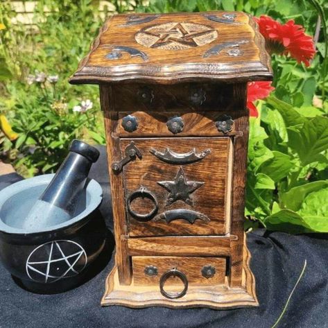 Hedge Witch Apothecary Cabinet Herb Apothecary, Kitchen Witch Decor, Altar Cabinet, Witch Apothecary, Crystal Storage, Shrines Box, Witch Altar, Herb Storage, Witchcraft Altar