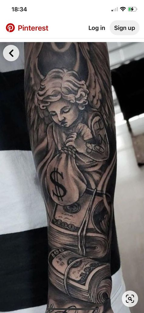 Sleeve Tattoos Money, Money Tattoo Sleeve, Money Sleeve Tattoos, Sleeve Tattoos Arm, Tattoos Money, Tattoos For Guys Forearm, Arm Tattoos Black, Arm Tattoos For Guys Forearm, Tattoos Forearm