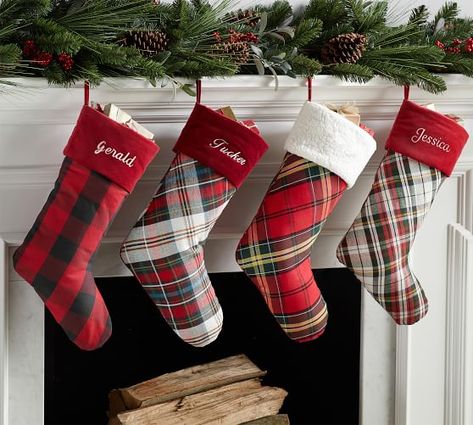 Personalized Plaid Stockings Christmas Decor Easy, Christmas Stocking Ideas, Kids Christmas Stocking, Stockings Diy, Simple Stocking, Outdoor Christmas Tree Decorations, Plaid Tree Skirt, Treats Christmas, Plaid Stockings