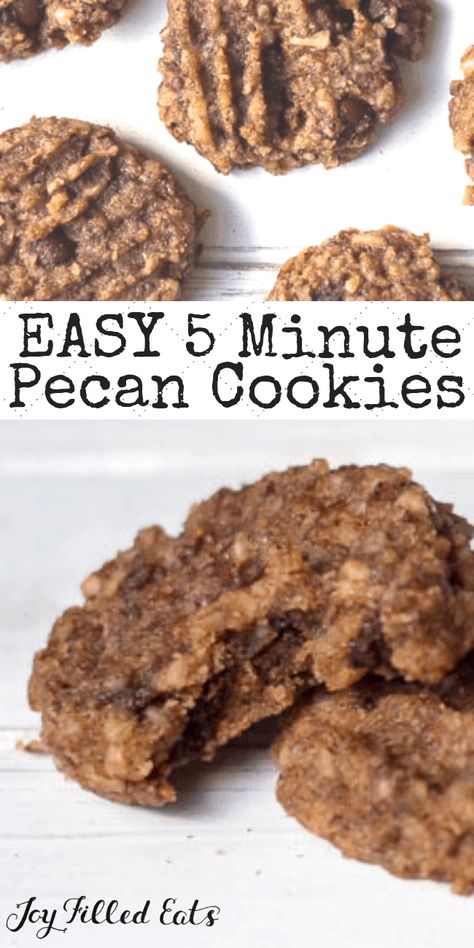 Chocolate Chip Pecan Cookies - Low Carb, Keto, Dairy-Free, Gluten-Free, Grain-Free, Sugar-Free, THM S - These simple Pecan Cookies are bursting with flavor. They are full of chocolate chips, chopped pecans, and cinnamon. #lowcarb #lowcarbrecipes #lowcarbdiet #keto #ketorecipes #ketodiet #thm #trimhealthymama #glutenfree #grainfree #glutenfreerecipes #recipes #desserts #dessertrecipes #ketodessert #lowcarbdessert #sugarfree #dairyfree Pecan Flour, Keto Dairy, Diet Desserts Recipes, Chocolate Chip Pecan Cookies, Keto Cookie Recipes, Joy Filled Eats, Thm Desserts, Pecan Cookies, Low Carb Cookies