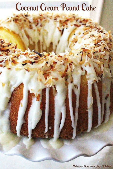 Coconut Cream Pound Cake With A Vanilla Cream Glaze Coconut Pound Cake, Coconut Pound Cakes, Coconut Desserts, Savory Cakes, Cakes Recipes, Vanilla Coconut, Bundt Cakes Recipes, Bundt Cakes, Coconut Recipes