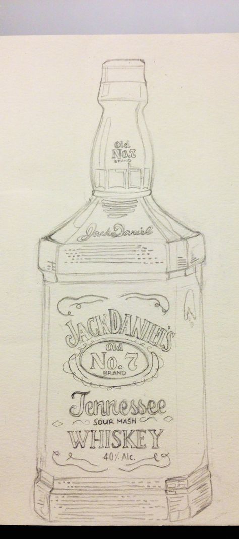 Jack Daniel drawing Jack Daniels Bottle Drawing, Jack Daniels Painting, Alcohol Drawing Bottle, How To Draw A Bottle, Jack Daniels Drawing, Whisky Drawing, Whiskey Bottle Drawing, Glass Bottle Drawing, Whiskey Drawing