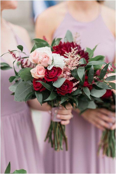 Burgundy Pink Wedding Flowers, Burgundy Blush And Sage Bouquet, Rosewood Flower Bouquet, Red And Blush Bouquet, Red Pink White Green Bouquet, Red And Pink Bridesmaid Bouquet, Red Rose Bridesmaid Bouquet, Bridesmaid Bouquet Red, Red Bridesmaid Bouquet