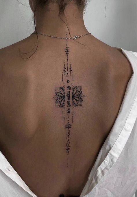 Back Tattoo Collage, Bhuddist Tattoos, Feminine Back Tattoos, Tato Minimal, Small Pretty Tattoos, Spine Tattoos For Women, Spine Tattoo, Back Tattoo Women, Discreet Tattoos