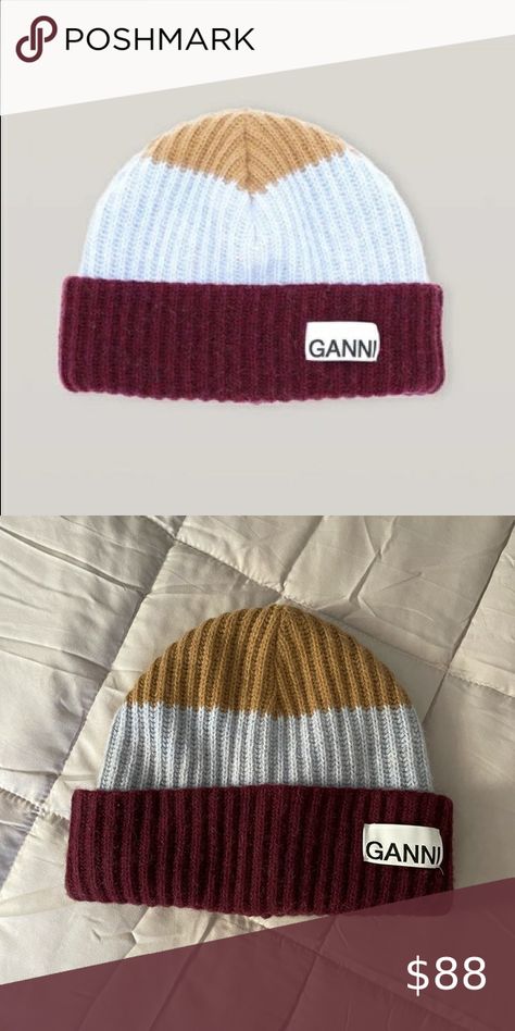 Ganni Color Block Striped Beanie Color Block Beanie, Striped Beanie, Striped Beanies, Knitted Hats, Color Block, Crochet Hats, Light Blue, Knitting, Crochet