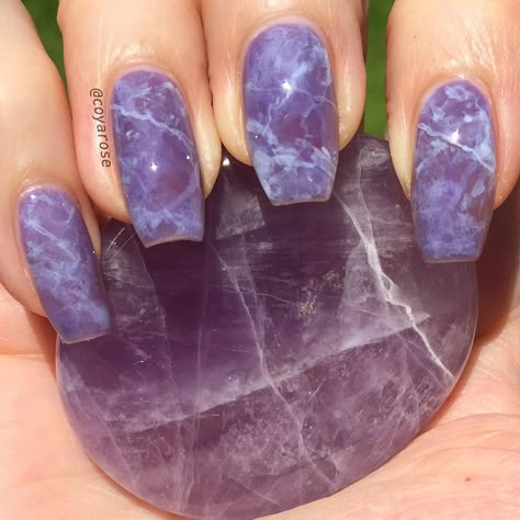 Amethyst 🔮 achieved with layers of sheer purple polish and cloudy white details. Is the layering/depth noticeable, I tried!! Amethyst stone… Purple Quartz Nails, Amtheyst Stone, Handmade Purple Amethyst Crystal Ring, Gemstone Nails, Purple Marble Nails, Nail Art Blanc, Nail Art Mariage, Stone Nails, Stone Nail Art