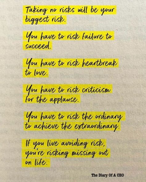 📖 Recently saw the post about taking risks on @linkedin from the book The Diary of a CEO: The 33 Laws of Business and Life by @steven 💫 This is such a good point. Yes, we need to take risks to grow, BUT I would add that risks must be manageable. If the risk is too high, there's a significant chance of failure and painful experiences from which not everyone can recover, hindering the learning process. Conversely, if the risk is too low (or nonexistent), we miss out on growth opportunities be... Risk Quotes, Monday Reminder, Taking Risks, The Diary, Ghost Writer, Historical Documents, Leaving Home, It Gets Better, Take Risks