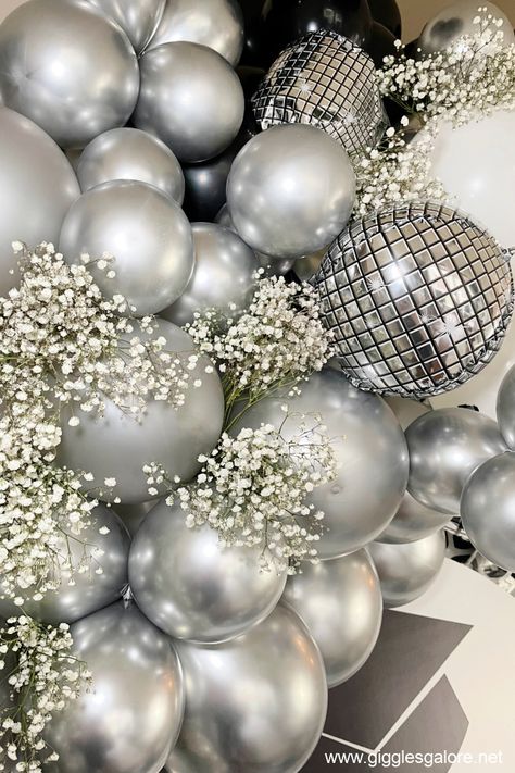 Disco Ball Balloon Garland Disco Ball Balloon Arch, Disco Balloon Garland, Disco Ball Balloons, Prom Backdrops, Studio 54 Party, Cheer Banquet, Glimmer Of Hope, Meet Me At Midnight, Silver Balloon