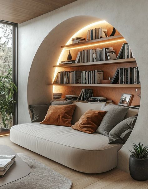 Cozy, Creative, and Functional: The Appeal of Built-In Reading Nooks — Living Bright Interiors Living Library Ideas, Shelf Nook Ideas, Reading Room Interior Design, Built In Bookshelves Around Sofa, Interior Library Design, Hidden Nooks In House, Home Reading Nook Ideas, Living Room Nook Ideas Built Ins, Modern Reading Room Ideas