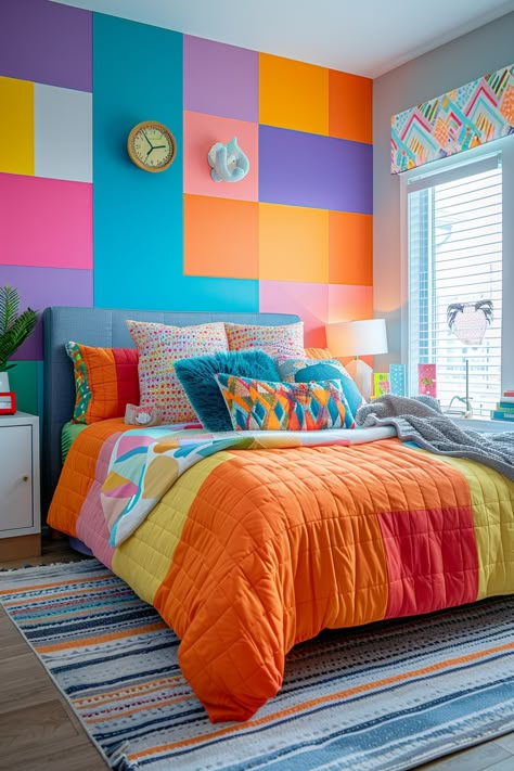 29 Whimsical Rainbow Bedroom Ideas: Transform Your Space with a Burst of Colorful Magic 24 Colourful Bedroom Ideas Bright, Fun Wallpaper Accent Wall, Rainbow Bedroom Ideas, Diy Rainbow Wall, Patchwork Rainbow, Design A Bedroom, Stylish Room Decor, Rainbow Bedroom, Colorful Room Decor