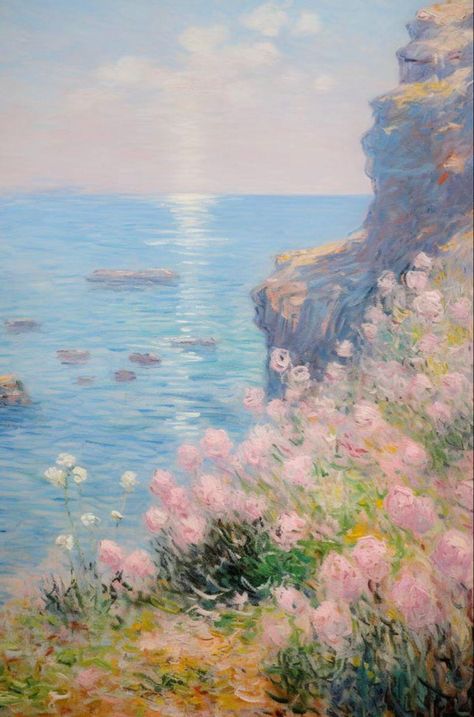 Impressionism Art Aesthetic, Spring Painting Aesthetic, Pink Painting Wallpaper, Spring Art Aesthetic, Impressionism Wallpaper, Impressionism Art Landscape, Monet Inspired Art, Post Impressionism Art, Sea Cliff