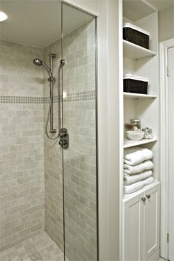 Bathroom storage/shower Makeover Kamar Mandi, Bathroom Storage Solutions, Bathroom Remodel Shower, Bathroom Light, Subway Tiles, Versace Home, Basement Bathroom, Trendy Bathroom, Bad Design