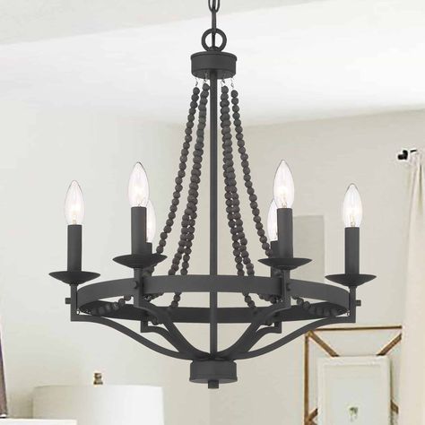 Laurel Foundry Modern Farmhouse Speier 6 - Light Candle Style Wagon Wheel Chandelier with Beaded Accents | Wayfair Entryway Chandelier, Wood Bead Chandelier, Empire Chandelier, Wagon Wheel Chandelier, Bathroom Outdoor, Beaded Chandelier, Weathered Oak, Candle Styling, Wagon Wheel