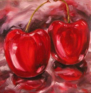 Kim Blair: Three Fruits, by Kim Blair Monochromatic Drawing Ideas, Monochrome Art Painting, Monochromatic Fruit Painting, Monochromatic Painting Ideas, Red Monochromatic Painting, Monochrome Pictures, Acrylic Underpainting, Cherries Still Life, Monochromatic Quilts