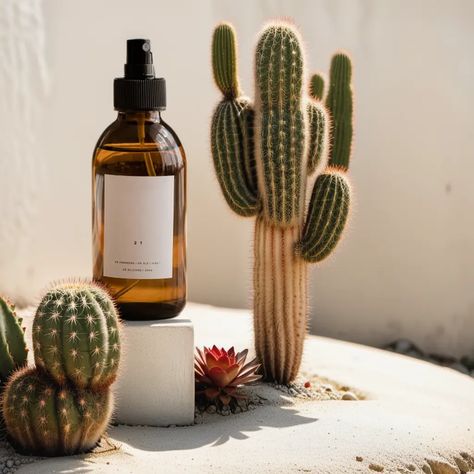 Desert Inspired Studio Photography Sun Screen Photography, Desert Product Photography, Boho Product Photography, Spray Product Photography, Candle Styling Photography, Product Photography Inspiration, Twisted Tales, Tall Cactus, Product Background