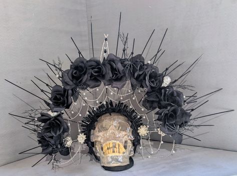 Halloween Spider Queen with flowers, black crystals and jewels. Chain webbing with jewels for water droplets. Made by E.B.F. Spider Crown, Black Halloween Headpiece With Tall Crown, Gothic Crown For Festivals With Round Crown, Gothic Crown For Halloween, Gothic Fairy Crown, Spider Queen, Queen Crown, Water Droplets, Halloween Spider