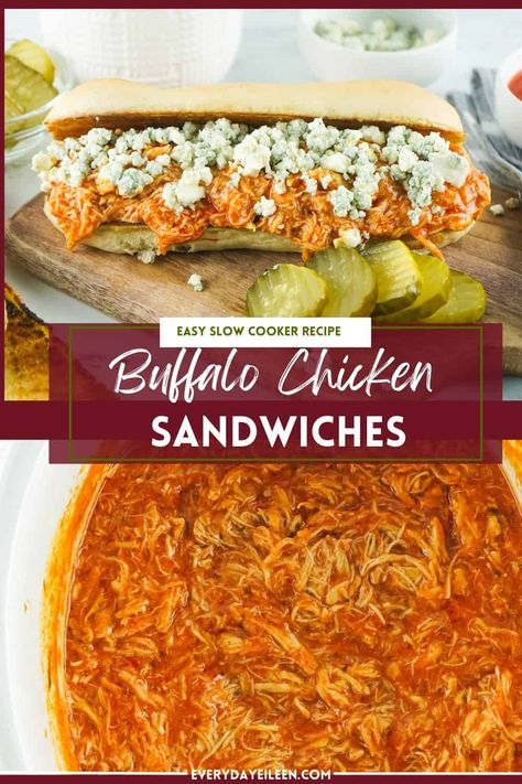 Crockpot Buffalo Chicken makes the most delicious sandwiches that are perfect for busy weeknight dinners, game-day snacks, tailgating, and potlucks! Everything goes right into the slow cooker and the end results are the most delicious Buffalo chicken sandwiches. The boneless chicken is cooked in a combination of hot sauce, creamy ranch dressing, and butter. Shred the chicken and serve in hoagie bread with extra cheese and top with blue cheese crumbles for a cheesesteak sandwich. Shredded Buffalo Chicken Crockpot, Hoagie Bread, Buffalo Chicken Sandwich, Spicy Sandwich, Chicken Cheesesteak, Grilled Buffalo Chicken, Blue Cheese Crumbles, Cheesesteak Sandwich, Tailgate Recipes