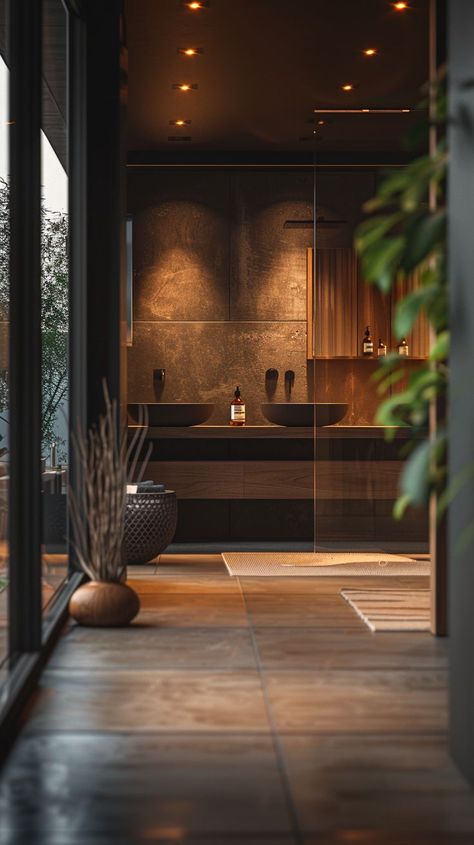 Dark Luxury Interior Design, Dark Spa Bathroom Ideas, Dark Spa Bathroom, Luxury Dark Bathroom, Luxury Bathroom Inspiration Modern, Elegant Bathroom Luxury Modern, Moody Spa, Dream Bathrooms Luxury Modern, Home Entrance Design