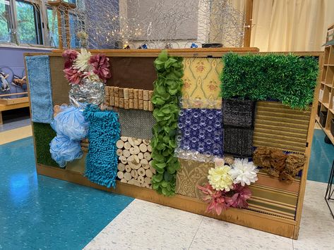 Outstanding Nursery Environment, Childcare Sensory Activities, Reggio Wall Decor, Preschool Classroom Environment, Reggio Wall Displays, Reggio Inspired Infant Classroom, Sensory Area Preschool, Reggio Inspired Classrooms Decor, Nature Based Infant Classroom