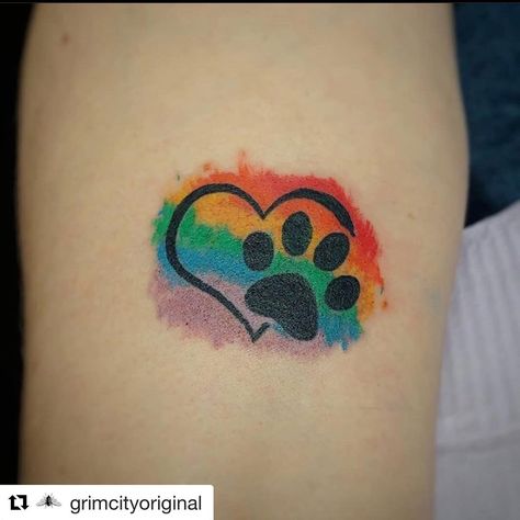 Rainbow Cat Paw Tattoo, Rainbow Paw Print Tattoo, Pawprint Tattoo Dog Memorial, Paw Print Tattoo Ideas, Rainbow Heart Tattoo, Cat Paw Print Tattoo, A Heart Tattoo, Cat Paw Tattoos, Tattoo Memorial