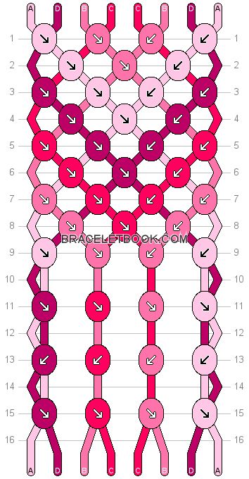 Friendship bracelet pattern 19489 - 8 strings, 4 colours 4 Colour Friendship Bracelet, Bracelet Pattern 8 Strings, 3 Colour Bracelet Pattern, Diamond Friendship Bracelet, Bracelet Template, Embroidery Floss Bracelets, Floss Bracelets, Cool Friendship Bracelets, String Bracelet Patterns