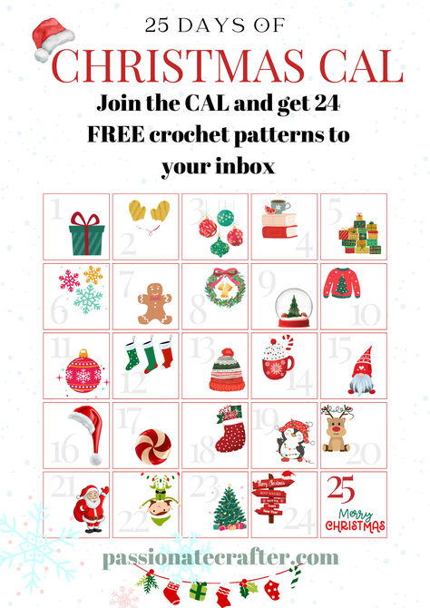 24 free crochet patterns for Christmas. Join the FREE CAL ( crochet along ) The CAL starts at 1st of December to 24th of December, meaning that you will receive new pattern each day! Free Crochet Christmas Patterns, Diy Crochet Ornaments, Crochet Christmas Patterns, Passionate Crafter, Crochet Advent Calendar, Cal Crochet, Crochet Cal, Christmas Crochet Patterns Free, Crochet Christmas Stocking