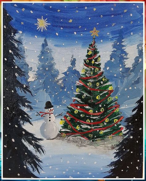 Christmas Art Artwork, Xmas Painting Ideas Canvas Art, Christmas Oil Paintings On Canvas, Canvas Painting Christmas Ideas, Christmas Present Painting, Christmas Acrylic Painting Ideas, Xmas Paintings On Canvas, Christmas Scenery Paintings, Christmas Acrylic Painting Easy