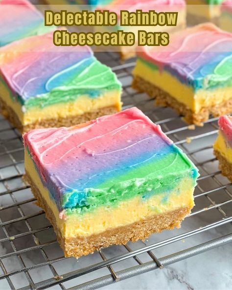 Irresistible Rainbow Cheesecake Bars These quick and easy Rainbow Cheesecake Bars are a vibrant and fun dessert that combines a crunchy base, creamy cheesecake, and colorful whipped cream topping—perfect for any occasion. Ingredients: Funfetti Base: 2 pkts (260g) Golden Oreos 1/2 cup (125g) unsalted butter, melted 1/4 cup (50g) rainbow sprinkles Cheesecake Layer: 1 block (250g) cream cheese, softened 1 cup (200g) white chocolate, melted 1 cup (250ml) heavy cream 1/2 cup (125g) mascarpone... Rainbow Pie, Rainbow Cheesecake, Funfetti Cheesecake, Rainbow Stuff, Whipped Cream Topping, Cheesecake Layer, Fun Dessert, Creamy Cheesecake, Rainbow Sprinkles