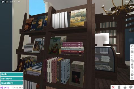 Bloxburg Small Town Ideas, Bookstore Bloxburg, Bloxburg Book Shelf Ideas, Library Bloxburg Ideas, Bloxburg Library Exterior, Bloxburg Book Store, Small Town Layout, Bloxburg Library, Bloxburg Store Ideas