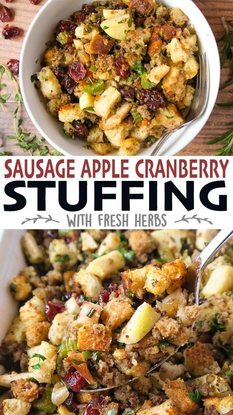 Stuffing With Apples, Homemade Stuffing Recipes, Easy Stuffing Recipe, Sausage Stuffing Recipe, Homemade Stuffing, Sausage Stuffing, Sage Sausage, Apple Sausage, Cranberry Apple