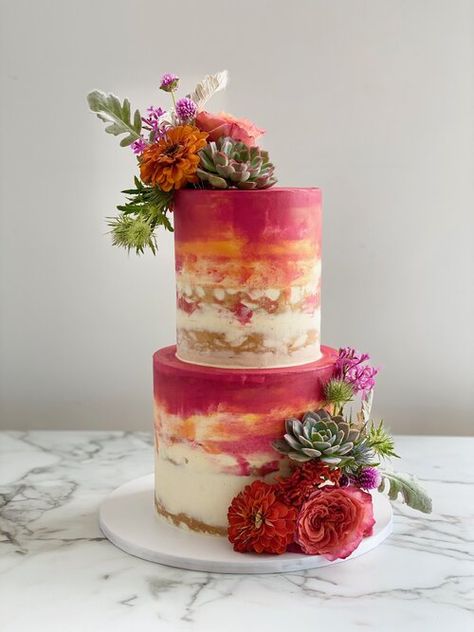 Sunset Buttercream Cake, Jewel Tone Birthday Cake, Sunset Wedding Cake, Wedding Cake Colorful, Colourful Wedding Cake, Sunset Cake, Tequila Sunset, Jazz Wedding, Vanilla Pod