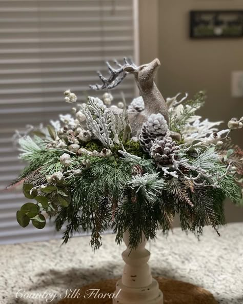 Deer Christmas Centerpiece, Deer Table Decor, Candlestick Christmas Decor, Deer Centerpiece Ideas, Reindeer Table Centerpieces, Reindeer Centerpieces Table Decorations, Christmas Candlesticks Ideas, Reindeer Centerpieces, Floral Christmas Centerpieces