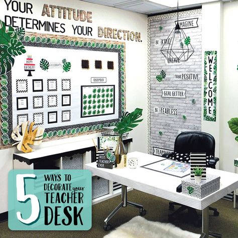 Desk Area Decor, Teacher Desk Area, Teacher Desk Areas, Classroom Desk, Creative Teaching Press, Classroom Makeover, Desk Area, Back To School Night, Teacher Teaching