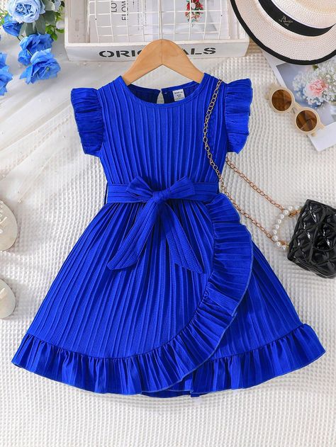 Royal Blue Cute Collar Cap Sleeve Fabric Plain A Line Embellished Non-Stretch  Young Girls Clothing Simple Dress Styles, Girls Attire, African Dresses For Kids, Kids Dress Wear, Office Dresses For Women, Cute Dress Outfits, Blue Cute, Kids Fashion Dress