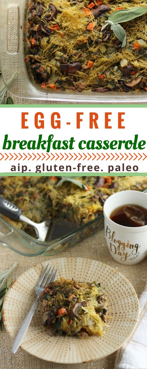 Egg-Free Breakfast Casserole (AIP, Paleo) - a delicious and healthy breakfast casserole that uses spaghetti squash in place of the eggs!  | fedandfulfilled.com Aip Breakfast Casserole, Aip Brunch, Breakfast Casserole Healthy, Aip Protocol, Paleo Spaghetti, Paleo Breakfast Casserole, Aip Meals, Casserole Healthy, Egg Free Breakfast