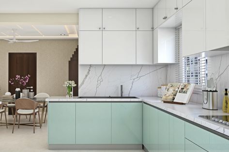 Mint Green And White Kitchen, Kitchen Cupboards Design, Acrylic Kitchen Cabinets, White Kitchen Interior Design, White Kitchen Cupboards, White Kitchen Interior, Kitchen Wardrobe Design, Kitchen Cost, White Countertop