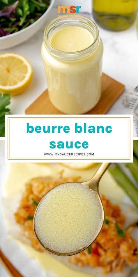 When translated, it literally means white butter. Thick & creamy, beurre blanc sauce works well drizzled over proteins, potatoes, & veggies! Lemon Buerre Blanc Sauce Easy, Mediterranean White Sauce, Bur Blanc Sauce, Chinese Hot Mustard Recipe, Beurre Blanc Sauce Recipe, Buerre Blanc, Sauce For Vegetables, Keto Condiments, Best Sauce Recipe