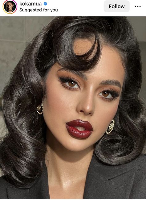 Summer Red Lip Makeup, 50s Makeup Looks, Dark Bridal Makeup, Old Hollywood Makeup Look, Hollywood Glam Makeup, Pinup Makeup, Vintage Makeup Looks, Red Carpet Makeup, Pin Up Makeup