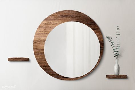 Circle mirror with a wooden backdrop mockup | premium image by rawpixel.com / PLOYPLOY Backdrop Mockup, Background Furniture, Wooden Backdrop, Pink Neon Lights, Mirror Decor Living Room, Mirror Shelf, Kitchen Colour, Wooden Backdrops, Dark Grey Walls