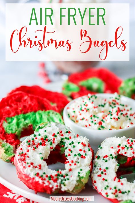 If you love bagels, you’ll want to make these festive Air Fryer Christmas Bagels for the holidays. They’re all decked out in red and green, ready for a sweet or savory topping. They’re perfect for brunch or as an appetizer for parties. Oh, and they’re so easy to make! Breakfast Ideas Bagels, Kids Christmas Breakfast, Brunch Bagels, Air Fryer Christmas, Air Fryer Bagels, Breakfast Bagels, Christmas Breakfast Ideas, Bagel Toppings, Homemade Bagels