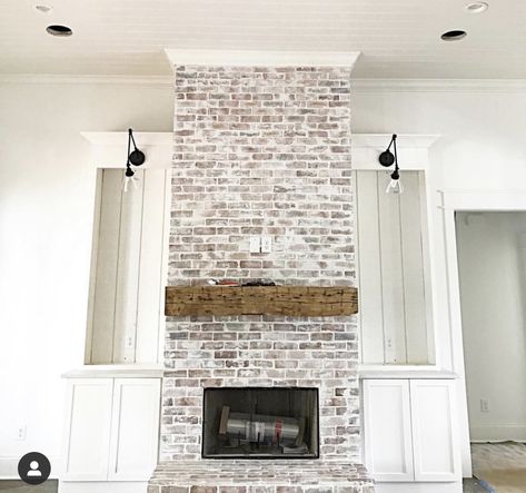 Brick Fireplace To The Ceiling, Brick Fireplace Vaulted Ceiling, Farmhouse Fireplace Decor, Brick Living Room, White Brick Fireplace, Fireplace Redo, Fireplace Bookshelves, Fireplace Update, Brick Fireplace Makeover