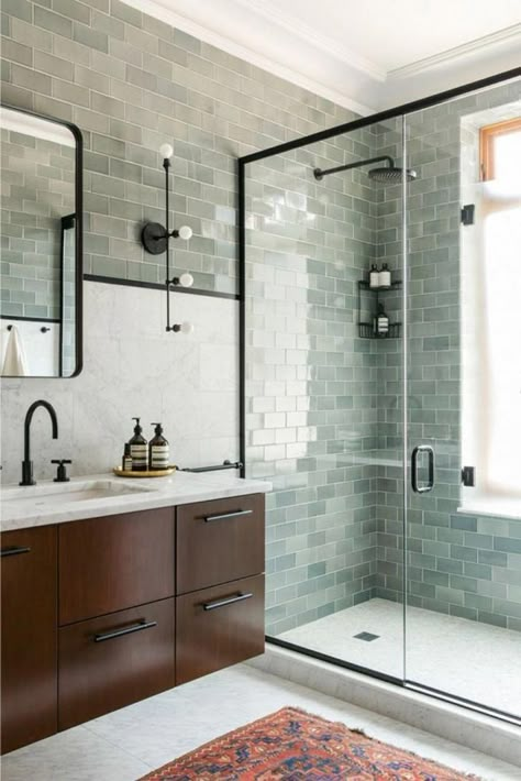 New Unexpected Color of Green is Taking Over Interior Design This Year: Sage Green Color Bathroom Tile #bathroomtiles Design Interior Baie, Makeover Kamar Mandi, Bilik Air, Bad Inspiration, Decor Baie, Stunning Bathrooms, Bathroom Shower Tile, Bathroom Trends, Trendy Bathroom