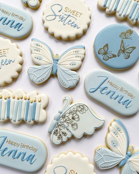 Blue Butterfly Cookies Decorated, Sweet 16 Butterfly Cookies, Blue Butterfly Cookies, Butterflies Cookies, Creative Pastries, Happy Birthday Jenna, Fondant Biscuits, Rainbow Themed Birthday Party, Butterfly Baby Shower Theme