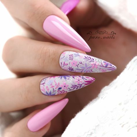 Stilleto Nails Designs, Feather Nails, Long Stiletto Nails, Floral Nail Designs, Stiletto Nails Designs, Pink Nail Designs, Easter Nails, Floral Nails, Gel Nail Art